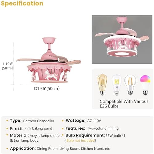 PSXPSXO Cartoon Pink Ceiling Fan with Lights Kids LED Ceiling Lamp Creative Carousel with Invisible Blades Close to Ceiling Lighting for Living Room Bedroom thumbnail 7