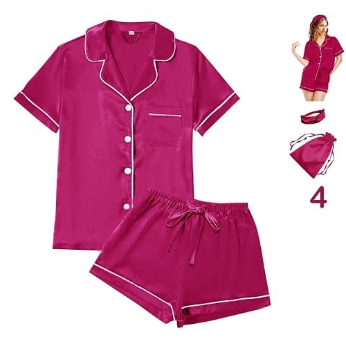 4Pcs Womens Satin Silky Pajama Sets Short Sleeve Shirt XS-4XL Floral Pajamas Set Soft PJ Loungewear Sleepwear thumbnail 5