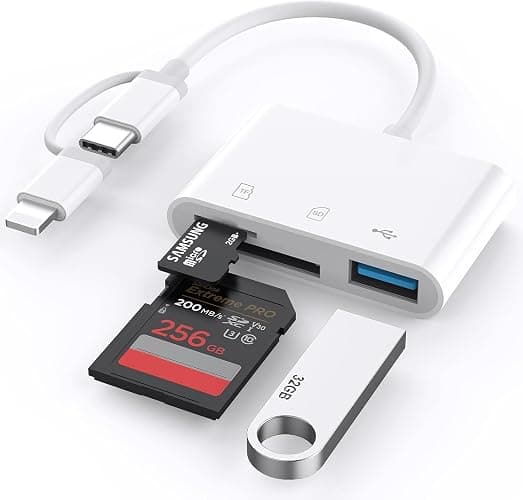 SD Card Reader for iPhone iPad, Built-in Lightning USB-C Dual Port SD Card Adapter with SD MicroSD USB 3 Slots Trail Camera Memory Card Viewer, No App Required, Plug and Play - Image 1