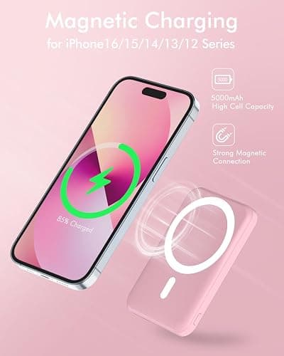 podoru for Magsafe Battery Pack, 5000mAh Magnetic Power Bank with Type-C Cable 20W PD Fast Charging Lighting Input Wireless Portable Charger for iPhone 16/15/14/13/12/ All Series-Pink - Pink thumbnail 3