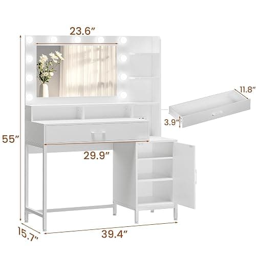 Driftalia Vanity Desk with Mirror and Lights, Makeup Vanity with Storage Drawer, Power Outlet and Large Cabinet for Bedroom - White thumbnail 2