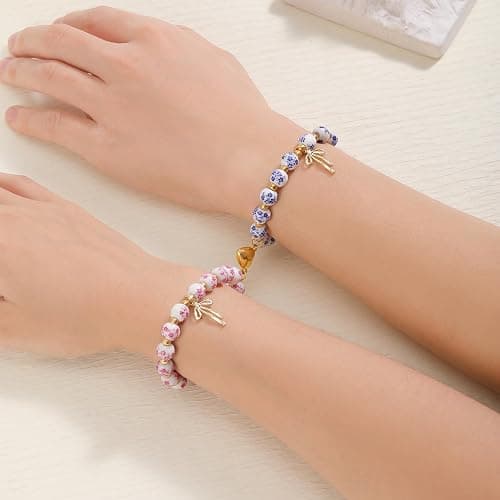 Thalireth Bow Bracelets 14K Gold Beaded Vintage Friendship Couples Matching Bff Bracelets For Women Men Christmas Gifts thumbnail 6