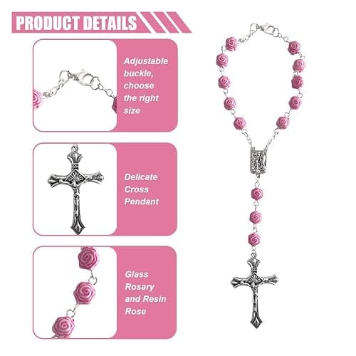 2PCS Pink Rosary Pendant Car Interior Rear View Mirror Charm Auto Decors, Medal and Cross Personalized Hanging Accessories for Women Men (Rose) thumbnail 3