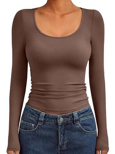 Trendy Queen Womens Scoop Neck Long Sleeve Shirts Skinny Going Out Crop Tops Cute Fall Fashion 2025 Clothes - Image 1