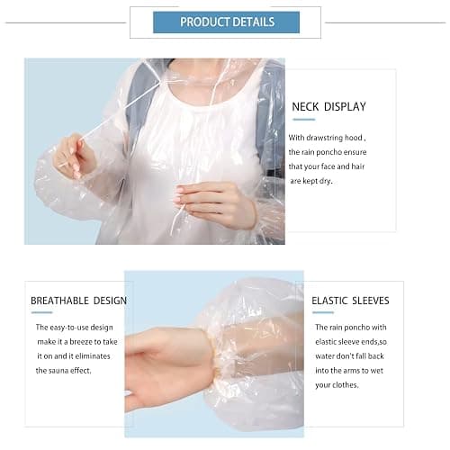 SWOGAA Disposable Rain Ponchos 6/10 Pack for Adults Extra Thick Long Sleeve | Clear Extra Thick PE Material, Long Sleeves with Elastic Cuffs for Travel, Camping, Festivals thumbnail 5