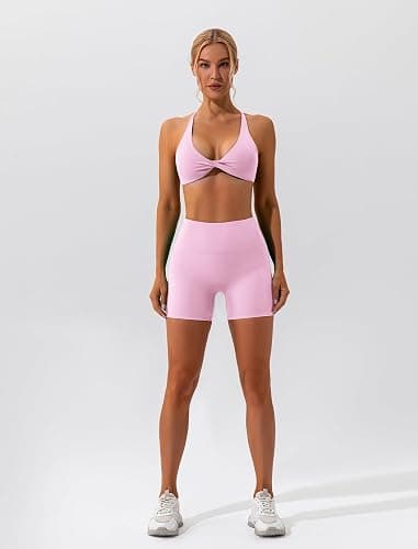 ABOCIW Workout Sets for Women 2 Piece Twist Front Halter Sports Bras High Waist Biker Shorts Exercise Gym Yoga Outfit thumbnail 4