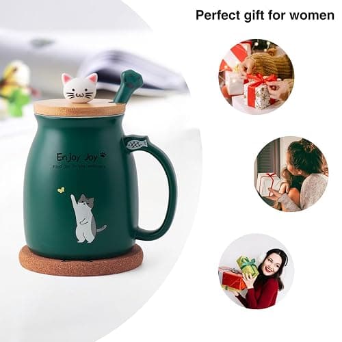 Feify Cute Cat Cup Ceramic Coffee Mug with Kawaii Cat Wooden Lid, Lovely Stainless Steel Spoon, Anime Kitty Thicken Wooden Coaster, Christmas Birthday Cute Thing Japanese Mug 16oz (Green) thumbnail 5