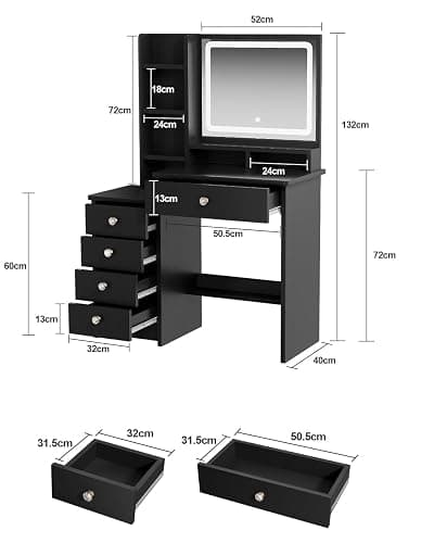 Vanity Desk, Makeup Table with Mirror and Lights, 90cm Black Dressing Table, Fiver Drawers thumbnail 3