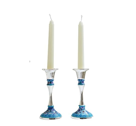 Candlesticks Holders, Handmade Shabbat Candlesticks of Nickel and Polymer Clay, Lovely Table Decoration great as Housewarming and Hostess Gift - Image 1