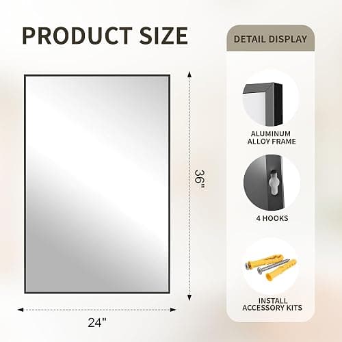 FICTOR Bathroom Vanity Mirror-Black, 36" x 24", Shatterproof & Anti-Rust, Wall Mount Rectangle Mirrors with Metal Frame for Over Sink, Bathroom, Bedroom, Living Room,Entryway thumbnail 2