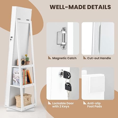 Moccha 2-in-1 Mirrored Jewelry Cabinet, 360 Rotating Free Standing Jewelry Armoire, Lockable Large Capacity Jewelry Organizer w/Full Length Mirror, Inside Makeup Mirror (White) thumbnail 7
