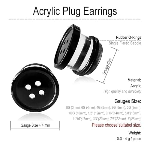 AntDear 2Pcs Acrylic Plug Gauges for Ears Women Men Black White Button Plug Earrings, Single Flared Saddle Stretching Gauge Tunnels Expanders, Four Hole Button Piercing Plugs with Rubber O-Rings 8G to 1 Inch thumbnail 6