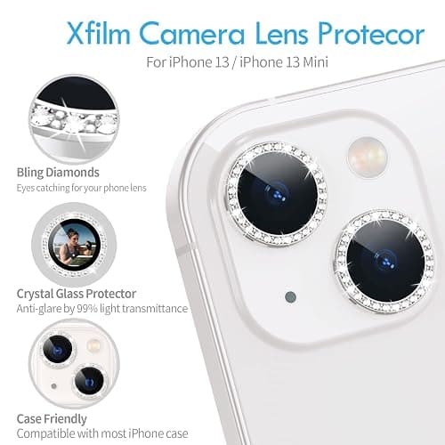 Xfilm Bling Diamond Individual Camera Lens Protector for iPhone 13 / iPhone 13 Mini, HD Clear Tempered Glass Camera Lens Screen Protection Cover, Case Friendly, Scratch Proof (Silver) thumbnail 4