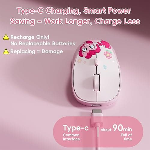 My Little Pony Pinkie Pie Rechargeable Wireless Mouse - 4-Button Silent Click Mouse with 3 Adjustable DPI (1000/1200/1600), 2.4GHz Wireless for Windows/Mac - Compact & Ergonomic Design, Pink thumbnail 5