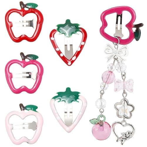 SUNNYCLUE 42Pcs 7 Styles Fruit Hair Barrettes Cartoon Hair Clips Metal Iron Enamel Red Pink Purple Colored Summer Fruits Strawberries Grapes Apples Shaped Snap Hairpins Set for Decoration Accessories thumbnail 6