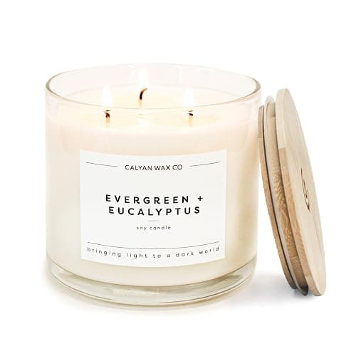 Calyan Wax Co. Evergreen & Eucalyptus 3 Wick Scented Candle - 43 Hour Burn - Luxury 3 Wick Soy Candles - Non Toxic Soy Wax Candles - Long Lasting Large Glass Jar Candle for Home - 14.9oz - Image 1