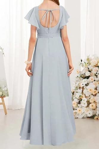 Augday Short Sleeves Junior Bridesmaid Dresses for Wedding Chiffon Flower Girl Dress for Wedding Party Pageant Gown thumbnail 3
