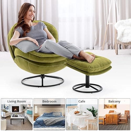Velvet Swivel Accent Chair with Ottoman Set, Modern Lounge Chair with Metal Base Frame & Footrest, Comfy Single Leisure Sofa Chair Reading Chair with 360 Degree Swiveling for Living Room, Fruit Green thumbnail 7