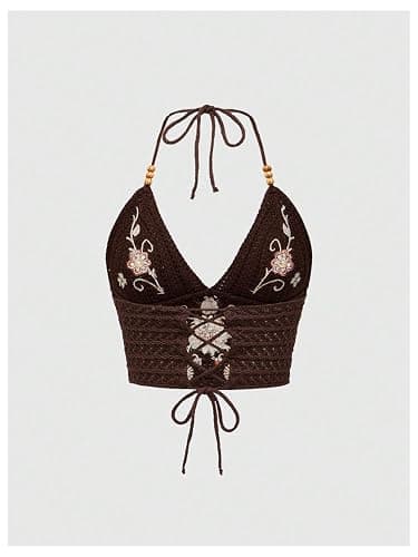 SHENHE Women's Open Back Knitted Halter Crop Top Tie Backless Embroidered Hippie Top thumbnail 2