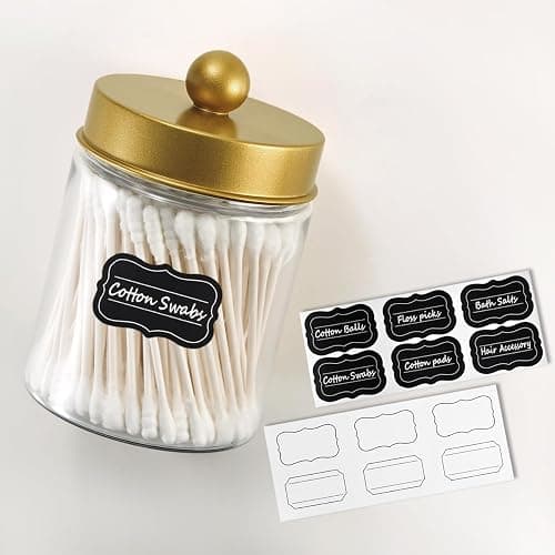 Komashr 3PC Farmhouse Decor Qtip Holder Apothecary Jars Bathroom Vanity Storage Organizer -Countertop Canister Container &Cute Stickers for Cotton Swab,Ball,Pad,Floss,Paper Clips (Gold,Plastic) thumbnail 7