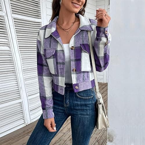Shackets for Women 2025 Fall Cropped Shacket Fashion Flannel Plaid Shirts Jackets Light Button Down Tops thumbnail 2