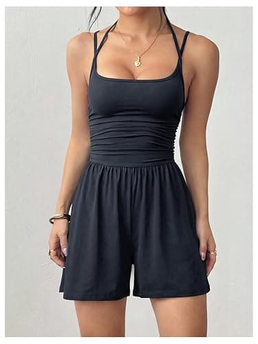 BEAUDRM Women's One Piece Sleeveless Romper Y2k Ruched Spaghetti Strap Short Jumpsuits Summer Casual Outfits thumbnail 5