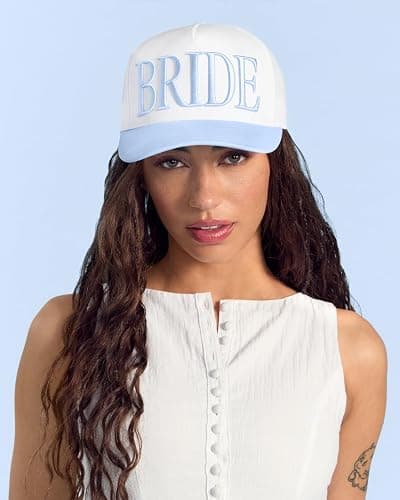 xo, Fetti White + Blue Bride Trucker Hat | Bachelorette Accessory, Bridal Headwear, Bach Party Decorations, Bridesmaid Gift, Wedding Cap thumbnail 3