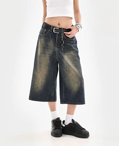 Lafaguw Cropped Jeans for Women Men High Waist Wide Leg Baggy Jorts Y2K Casual Denim Capris Pants Grunge Summer Clothes. thumbnail 2