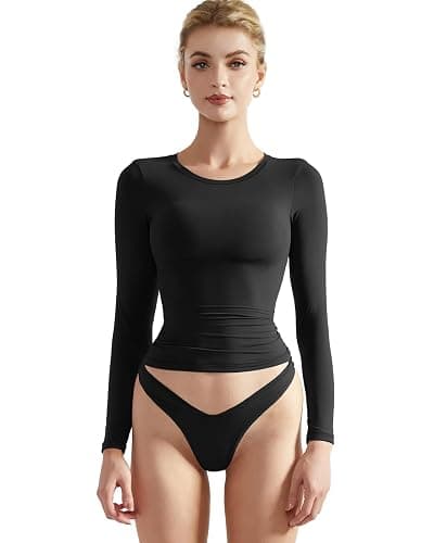 SUUKSESS Women Double Lined Fitted Basic T Shirts Crew Neck Long Sleeve Crop Top - Image 1