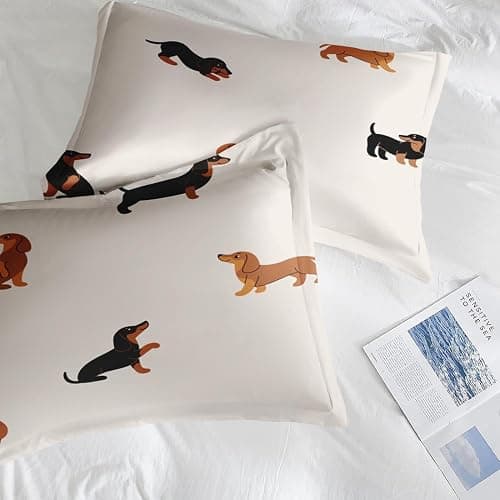 Zzzboro Comforter Set with 2 Pillowcases Queen Size, Cute Happy Dachshund Dog Puppy, Bedding Decor Cartoon Animal Pug Geometric Brown for Kids and Adults, Soft Cozy Bedroom Bed Set thumbnail 7