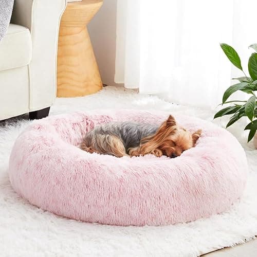 WNPETHOME Round Calming Pink Small Dog Bed Cat Bed for Comfy Sleeping, Cute Washable Puppy Bed with Fluffy Plush, Faux Fur Anti Anxiety Pet Bed Donut Cuddler (20 x 20 x 8 Inch) - Image 1