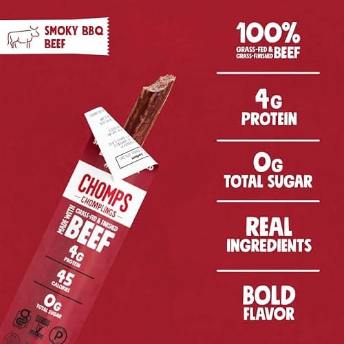 Chomps Snack Size Grass-Fed and Finished Smoky BBQ Beef Jerky Snack Sticks 0.5oz 24-Pack - Keto, Paleo, Whole30, 4g Lean Meat Protein, Gluten-Free, Zero Sugar Food, Non-GMO Chomplings thumbnail 3