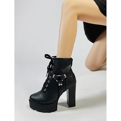 MEOTINA High Heel Boots for Women Black Heeled Chunky Heel Boot Platform Goth Shoes Lace Up Ankle Booties with Zipper thumbnail 4