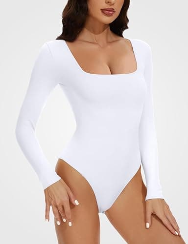 YOGINGO Long Sleeve Square Neck Bodysuits for Womens, Body Suits Tops Going Out Basic Leotards Slim Fitted Outfits Shirt thumbnail 2