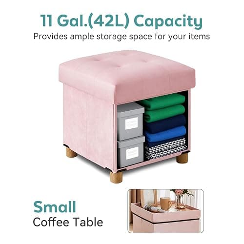 BRIAN & DANY 15" Small Ottoman with Storage Cube, Square Storage Ottoman Foot Stool with Wood Legs, Velvet Ottomans for Living Room, Bedroom, Dorm, Pink thumbnail 3