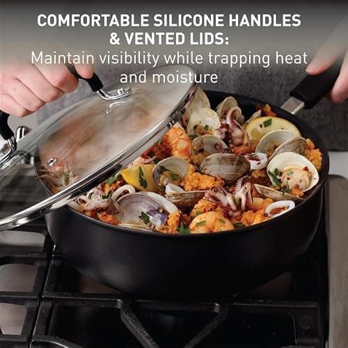 T-Fal Ultimate Hard Anodized Nonstick Pots and Pans Set 17 Piece, Nonstick Cookware Set with Fry Pan, Saucepans, Saute-Pan, Griddle, Dishwasher Safe, Onyx thumbnail 6