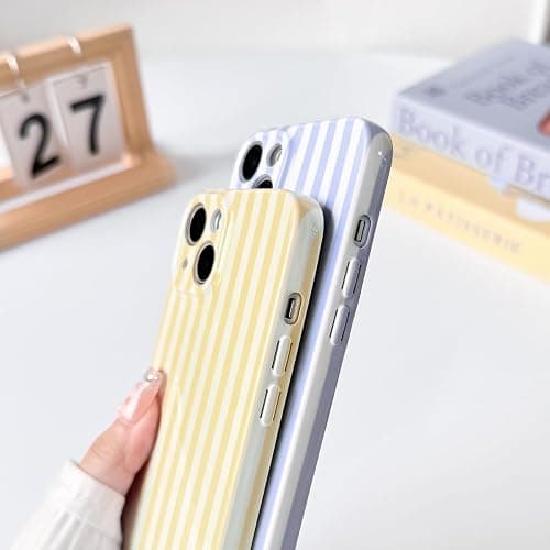 Lovmooful for iPhone 14 Plus Case Striped with Glossy Film-Yellow | Aesthetics Color Silm Striped Design,for Girls Women,Soft TPU,Shockproof,More Protective,Girly thumbnail 6