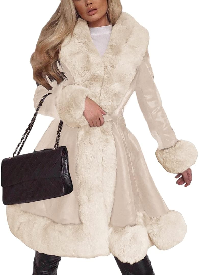 Aurgelmir Women's Faux Leather Jacket Coat Short/Long Parka Coat with Fur Collar Outwear - Beige-long X-Large - Image 1