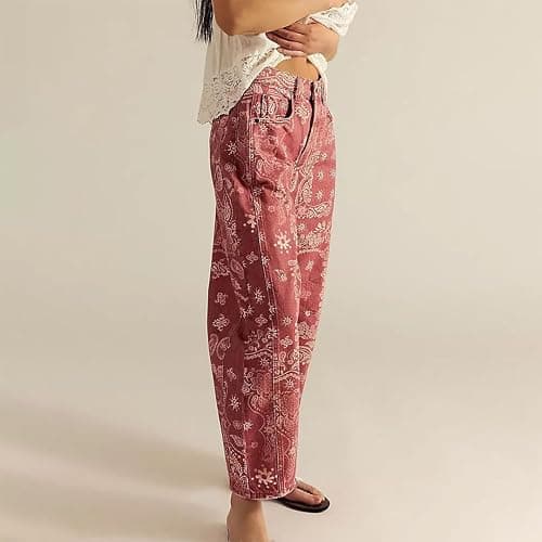 Vintage Barrel Pants for Women Baggy Floral Print Mid Rise Wide Leg Faux Denim Ankle Pants Loose Y2k Barrel Pants thumbnail 4