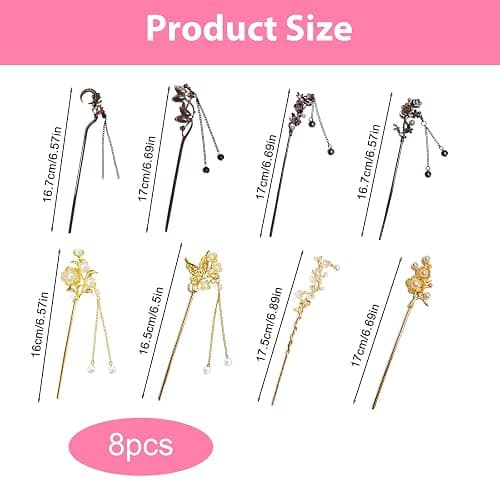 8 Pcs Chinese Hair Sticks Set, Gold White Japanese Hair Stick with Pearl Butterfly Flower Design, Metal Hairpins for Women Girls, Traditional Asian Hair Accessories for Bun Updo (Black and Gold) thumbnail 2