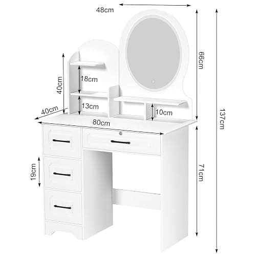 Générique Coiffeuse avec Miroir LED, Coiffeuse avec Étagères de Rangement et 4 Tiroirs, Coiffeuses Petite (Blanc) thumbnail 2