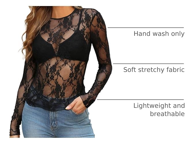 OFEEFAN Womens Mesh Tops Lace Long Sleeve Shirts Crewneck Slim Fitted Outfits See Through Blouses thumbnail 3