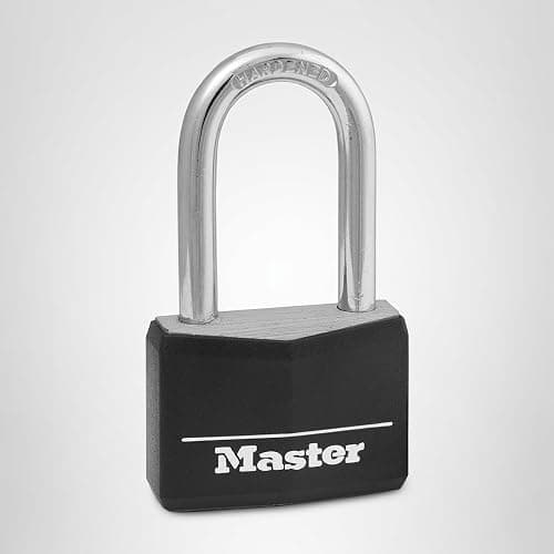 Master Lock Keyed Outdoor Long Shackle Aluminum Padlock, Tool Lock 141DLF | Weather-Resistant Solid Lock With Key, Long Shackle Lock For Gates, Fences, Toolboxes Black Covered Aluminum Lock thumbnail 8