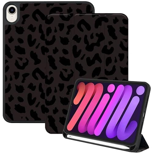 Deokke Compatible with iPad mini 7 Case(A17 Pro) 2024 iPad mini 6 Case 8.3 Inch 2021,Pencil Holder Soft Back Auto Sleep/Wake Cover Women Men Girls Cute-Black Leopard Cheetah - Image 1