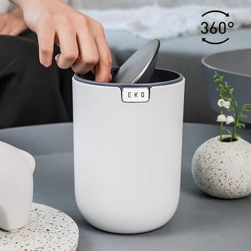 EKO Mini Desk Trash Can with Swing-Top Lid 0.4 Gallon Small Table Round Wastebasket for Office, Home, Car (White) thumbnail 3