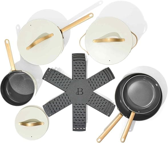Beautiful 12pc Ceramic Non-Stick Cookware Set by Drew Barrymore, Pots & Pans with Lids, Dishwasher‑Safe,Soft‑Touch Handles, Even‑Heat Base. (White Icing) thumbnail 3