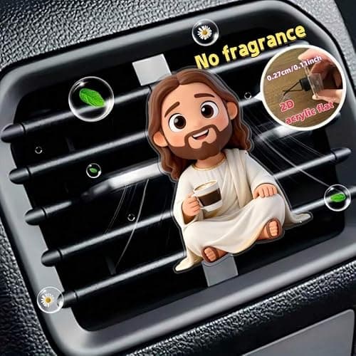 Cute Cartoon Jesus Coffee Car Air Vent Clip Acrylic Auto Decor for Women Reusable DIY Scent Diffuser Accessory Religious Car Ornament Gift (White) thumbnail 2