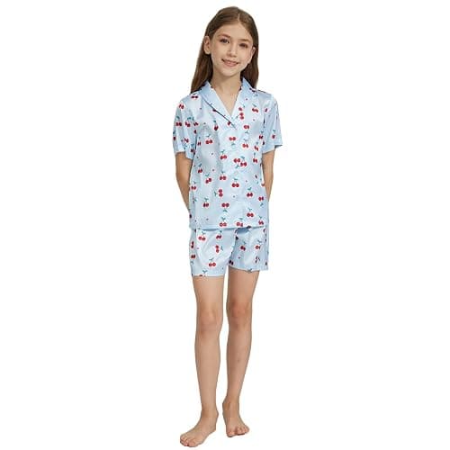 Ewbob Girls Silk Satin Pyjamas Set Short Sleeve Kids PJs Nightwear 5-14Y | Girls Silk Satin Pyjamas Set,Short Sleeve,Button-Down Kids PJs.Breathable,Soft Nightwear,Children Sleepwear,Age 5-14 thumbnail 3