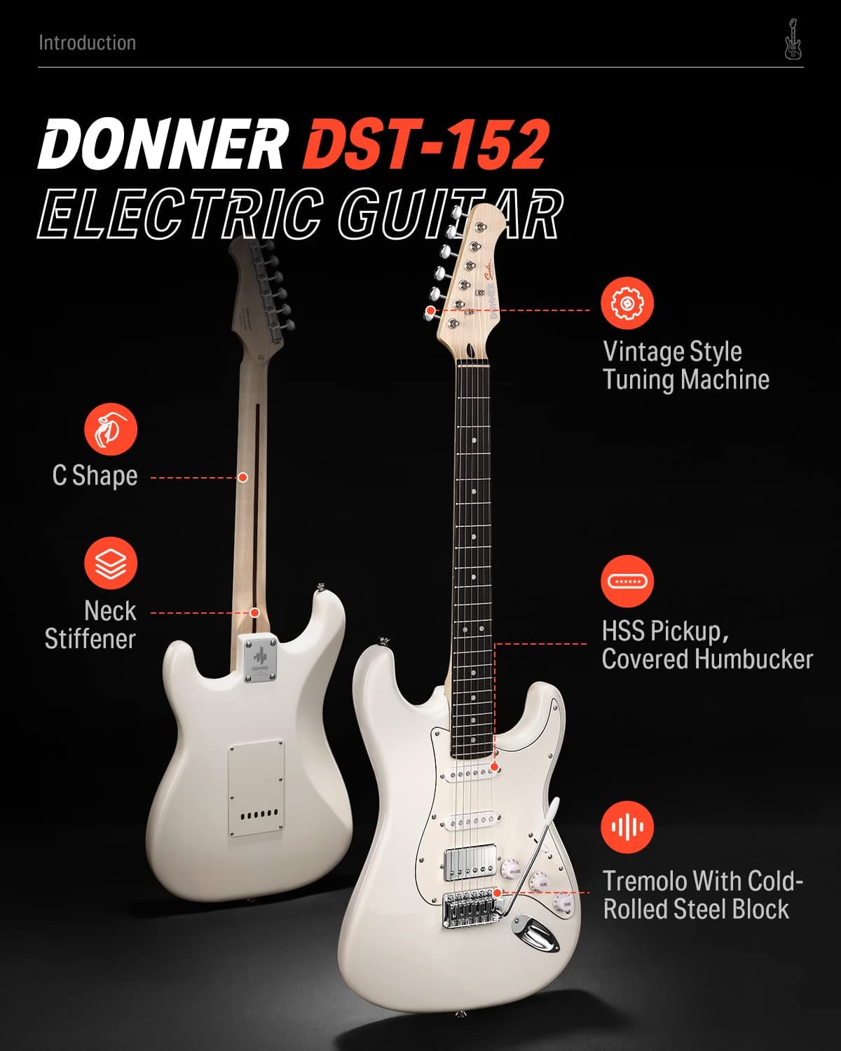 Donner Electric Guitar, Full Size Electric Guitar Pack HSS Pickup Coil Split, Kit Electric Guitars Amplifier, Accessories, DST-152W White thumbnail 2
