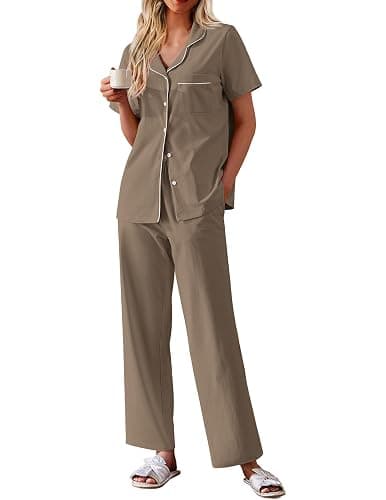 Ekouaer Women's 100% Cotton Pajamas Set Short Sleeve Button Down Pjs 2 Piece Soft Sleepwear with Long Pants Lounge Set - Image 1